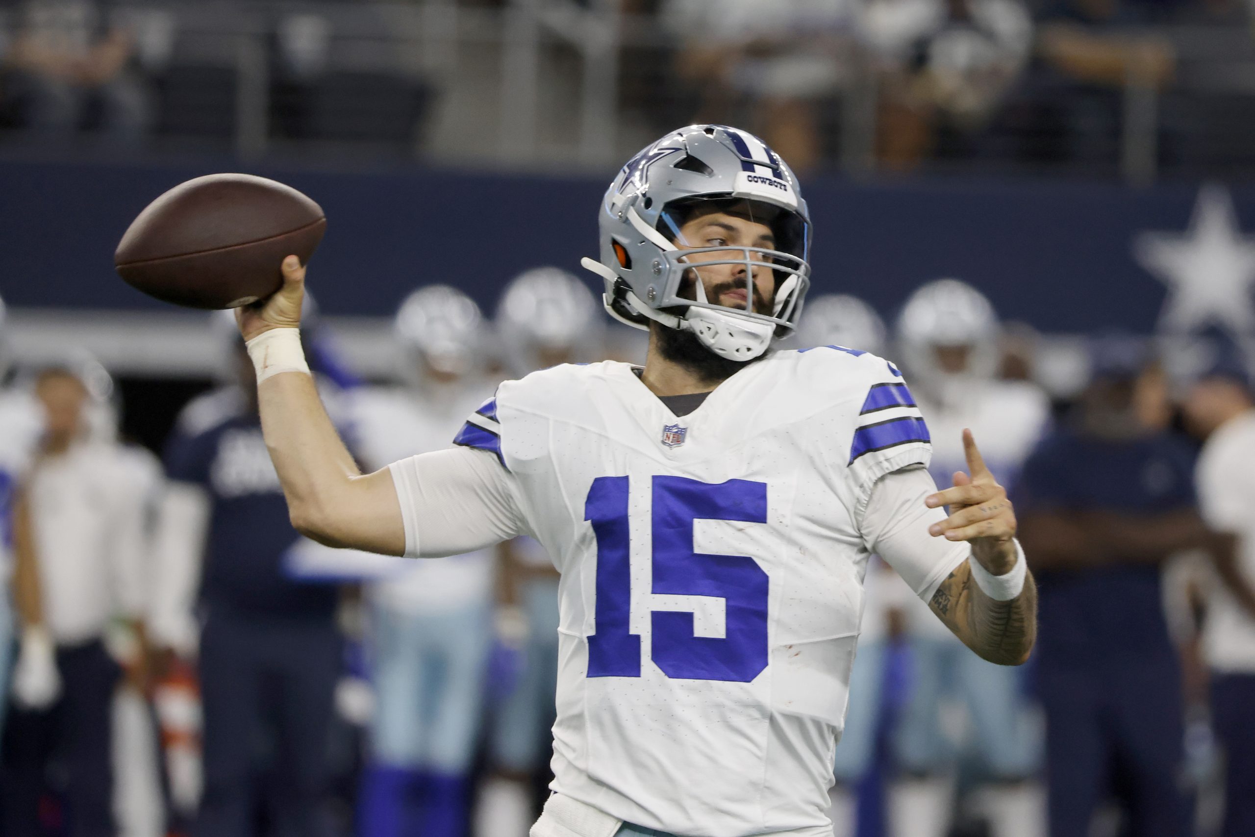 Dallas Cowboys quarterback Will Grier passes during the NFL