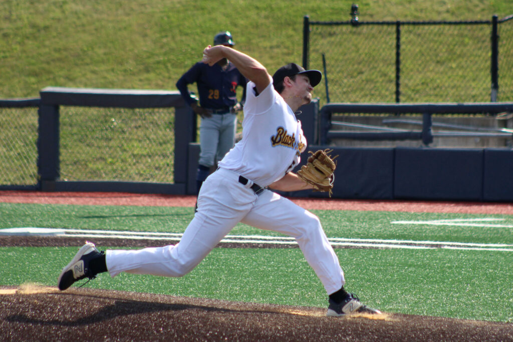 Black Bears' Lance Hartley (62) throws a pitch against State College on Father's Day at Kendrick Family Ballpark. (Cody Nespor/The Dominion Post)